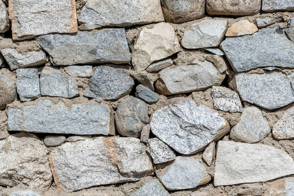 Close-up of mixed field stones in a rock wall 