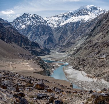 Turquoise waters of the Shyok River in northern India near the border with Tibet clipart