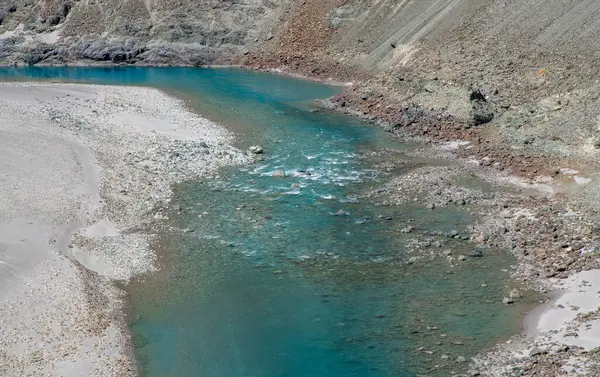 チベットとの国境近くのインド北部のShyok川のターコイズ水 ストック画像