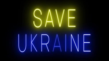 Parıldayan retro tarzı neon ışığı siyah arkaplan üzerinde parlıyor UKRAINE SAVE