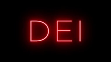 DEI, Çeşitlilik, Eşitlik ve Katılım için siyah bir arkaplan üzerinde yanıp sönen kırmızı retro tarzı neon tabela