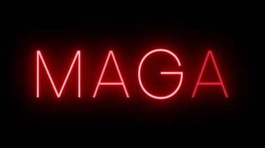 Titrek kırmızı retro tarzı neon ışığı, MAGA-Amerika 'yı tekrar Büyük Yap için siyah bir arka planda parlıyor.