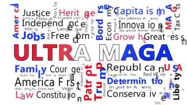 ULTRA MAGA ile ilgili terimleri içeren bir kelime bulutu oluşturan harfler ekrana uçar - Amerika 'yı Yeniden Harika Yap