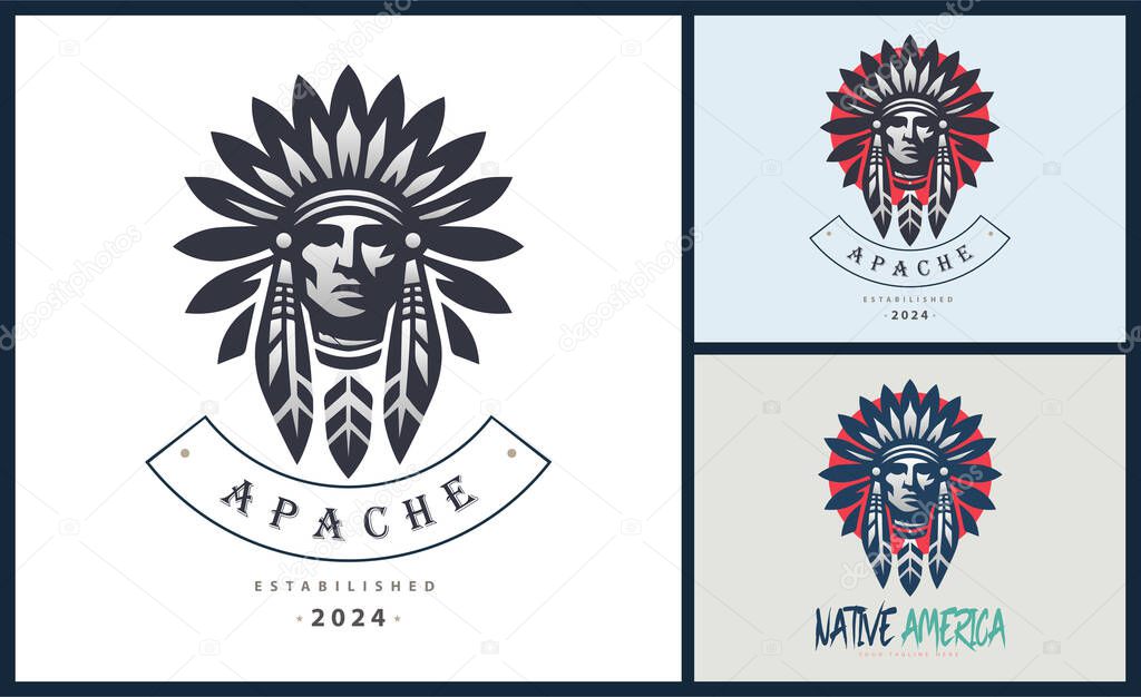Apache indian aztec native american warrior tribes face head logo template design
