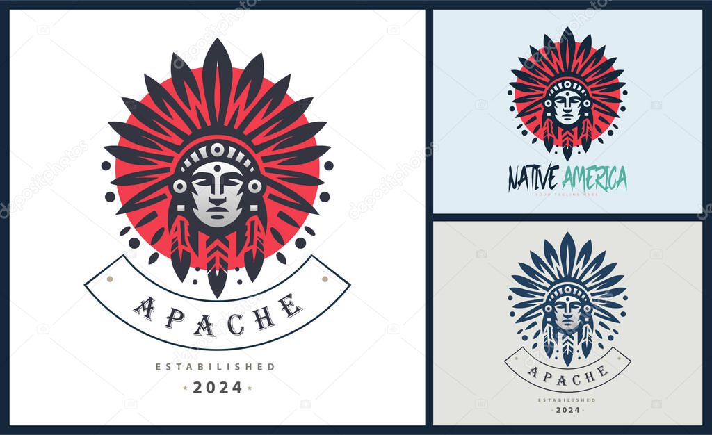 Apache indian aztec native american warrior tribes face head logo template design