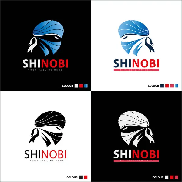 stock vector Ninja assassin shinobi blue face head logo set silhouette template design