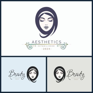 Kadın güzellik salonu logo şablonu tasarımı ile karşı karşıya. Marka veya şirket için.