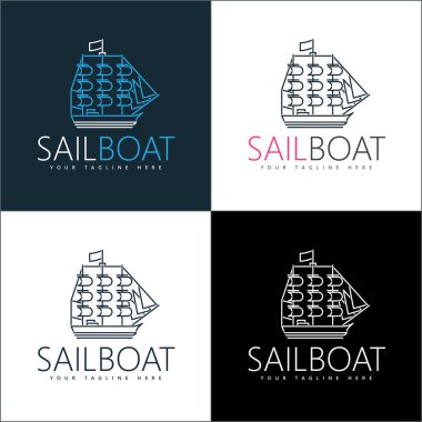 continuous line art sailboat sailing ship luxury logo set template design clipart