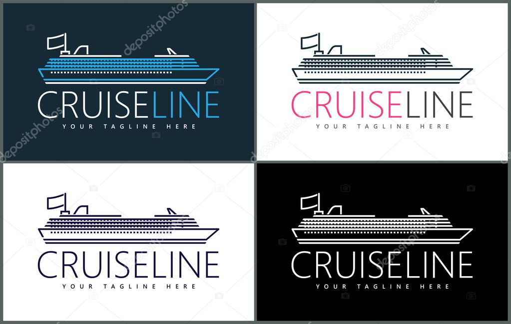 Continuous line art cruise ship luxury logo set template design