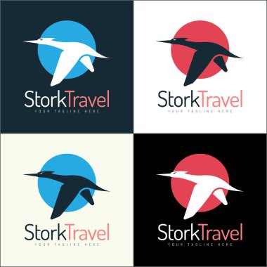 Stork flying silhouette travel logo set template design clipart