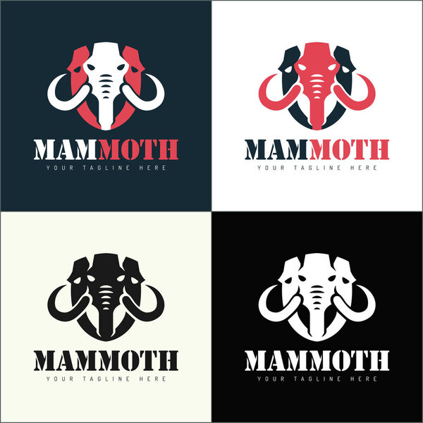 Mammoth elephant three head shield shapes logo set silhouette template design