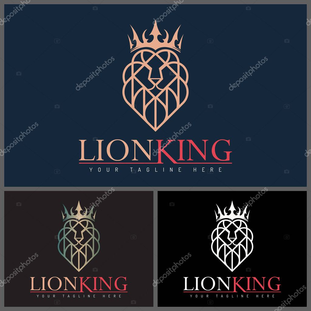Lion king crown face head line logo set design template