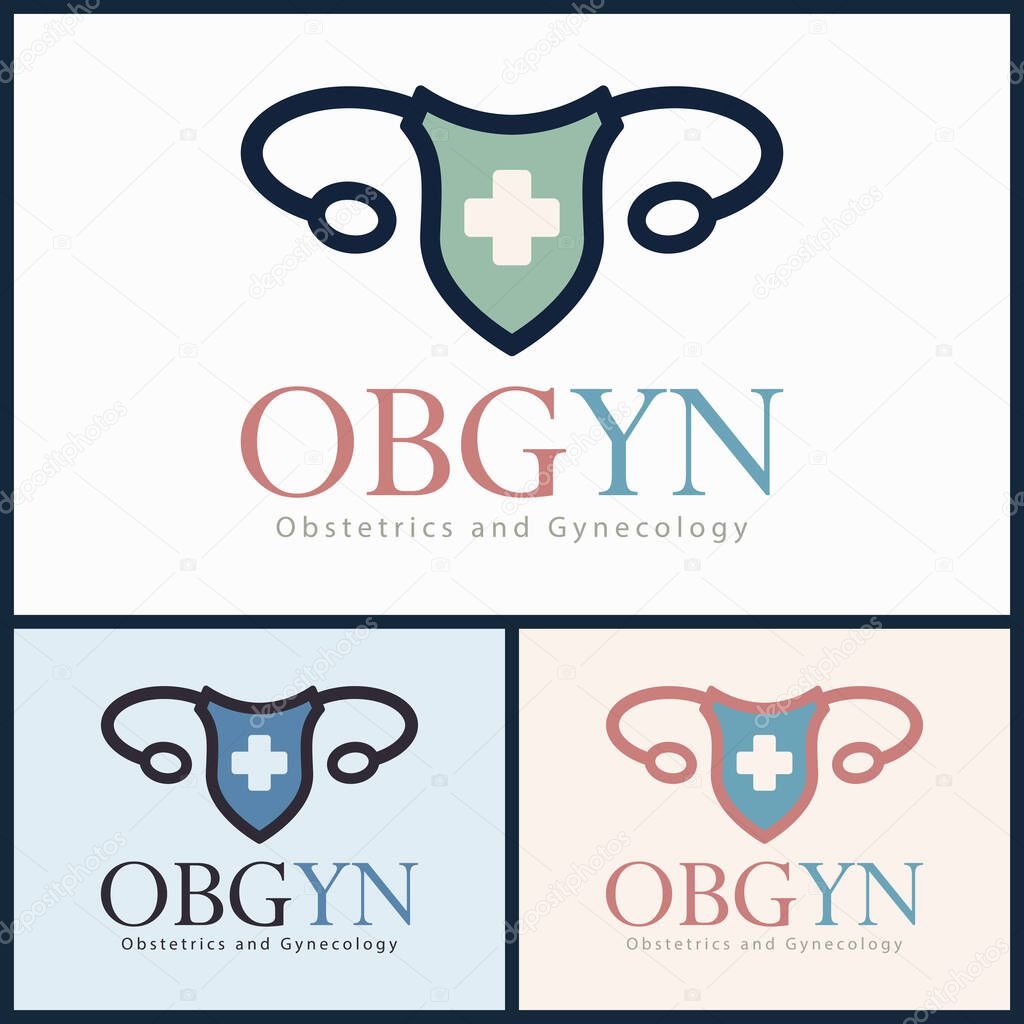 OBGYN obstetrics and gynecology clinic cross shield medical care logo set template design