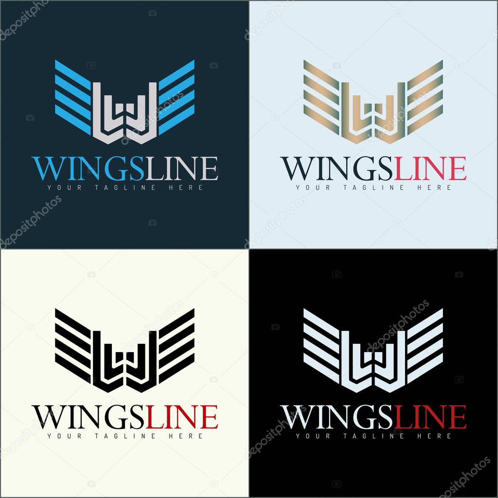 Modern letter W wings line art logo set template design