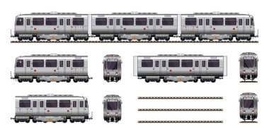 Yolcu treni gerçekçiliği, çeşitli açılardan bir dizi demiryolu tramvay modeli görüntüsünün çok detaylı düz vektör çizimini ayarladı.