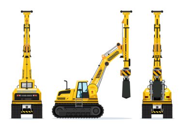 Hidrolik zemin sondaj teçhizatı sarı kazıcılar inşaat aracı modeli son derece detaylı düz vektör çizimi