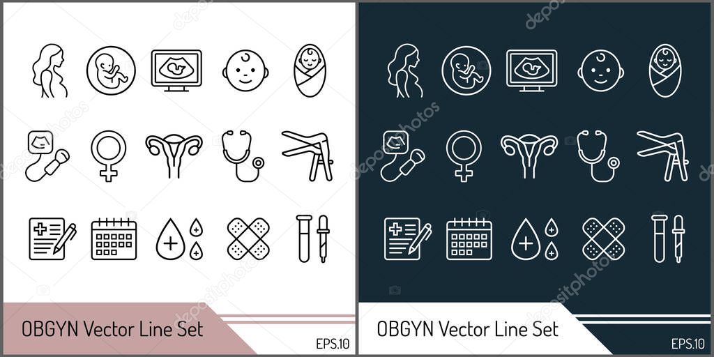 OBGYN obstetrics and gynecology vector line art icon set silhouette template design