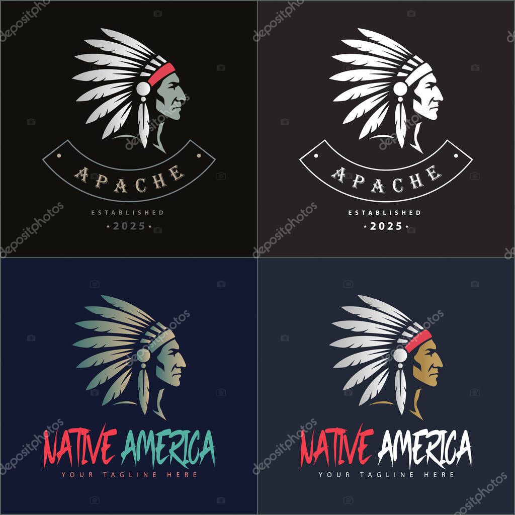 Apache indian aztec native american warrior tribes face head logo set vintage design template