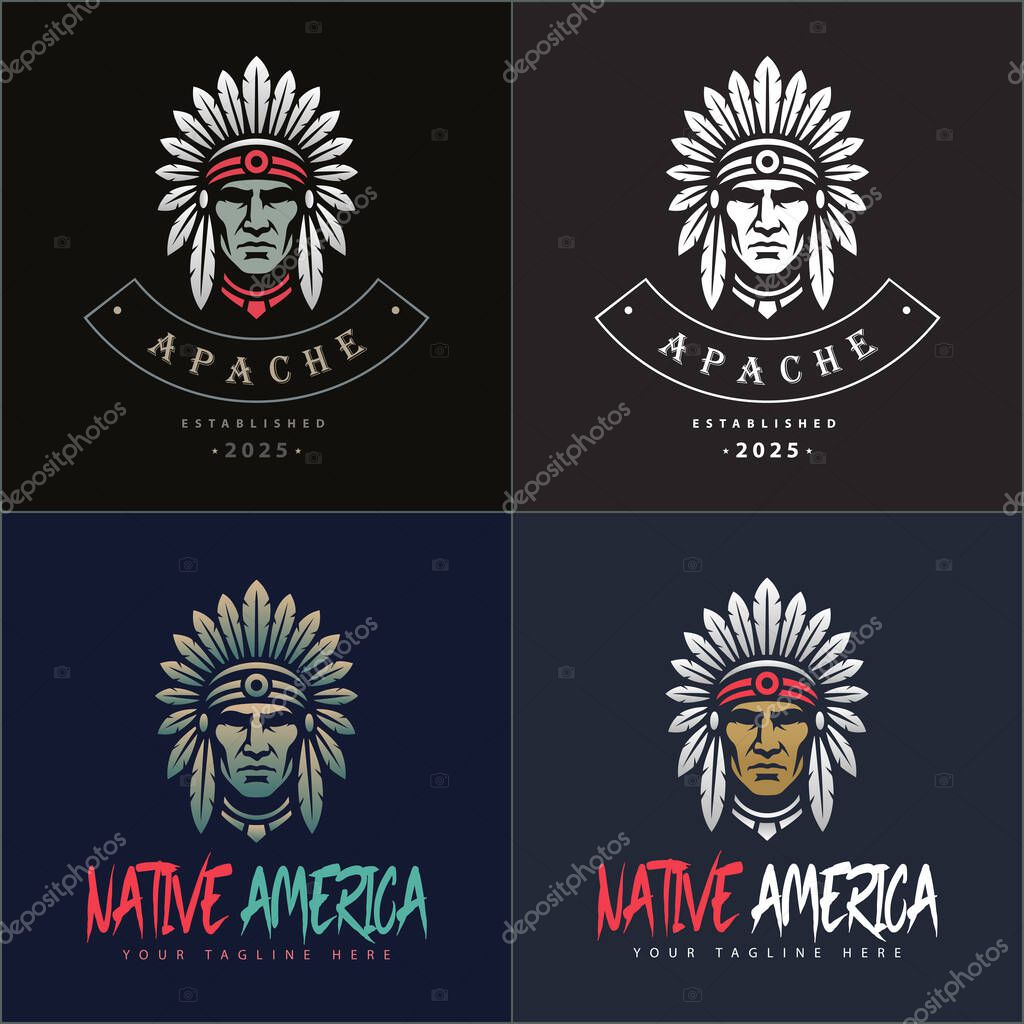 Apache indian aztec native american warrior tribes face head logo set vintage design template