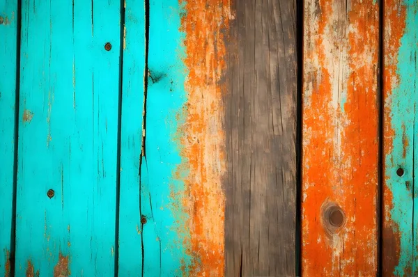 Old green-orange painted wooden background. Copy space photo.