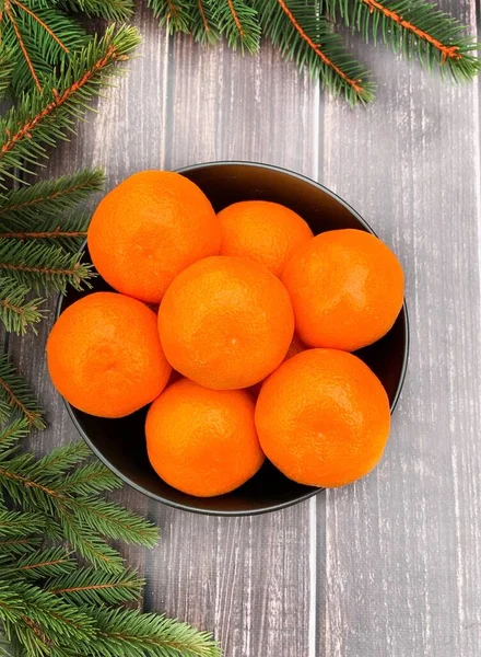 Frische Mandarinen Auf Holztisch Nahaufnahme Banner Für Weihnachten Und Neujahr — Stockfoto