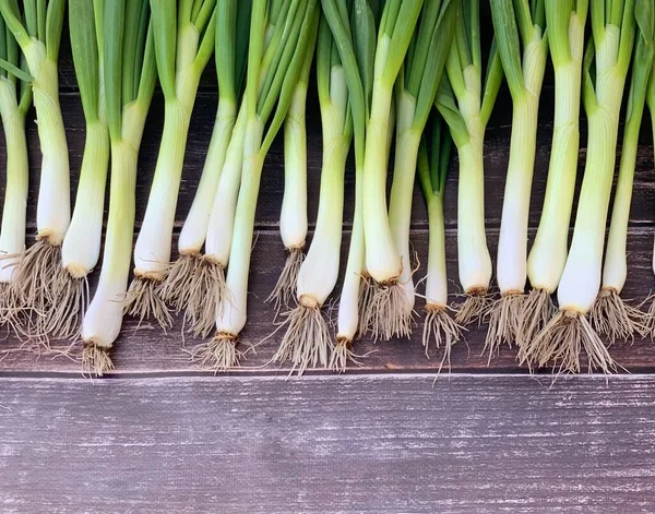 Tahta arka planda taze yeşil soğan.