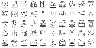 Basit taslak manzara simgeleri seti. İnce çizgili sanat simgeleri paketi. Vektör illüstrasyonu