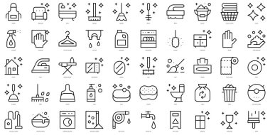 Basit taslak temizleme simgeleri seti. İnce çizgili sanat simgeleri paketi. Vektör illüstrasyonu