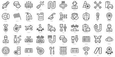 Basit otomobil yarışı simgeleri seti. İnce çizgili sanat simgeleri paketi. Vektör illüstrasyonu