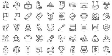 İnce çizgili binicilik spor simgeleri seti. Vektör illüstrasyonu