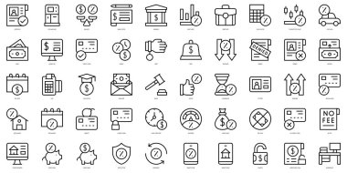 İnce çizgili kredi ve kredi simgeleri seti. Vektör illüstrasyonu