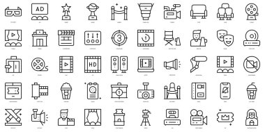 Bir dizi ince çizgi sinema ikonu. Vektör illüstrasyonu