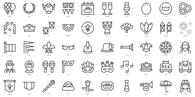 İnce çizgi Mardi Gras Simgeleri. Vektör illüstrasyonu