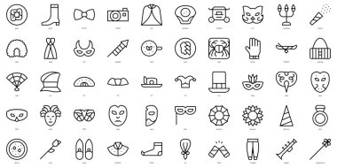 Bir dizi ince çizgili Venedik karnaval ikonu. Vektör illüstrasyonu