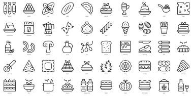 Bir dizi ince çizgili İtalyan yemek ikonu. Vektör illüstrasyonu