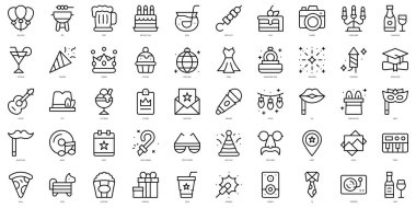 İnce çizgi partisi ve kutlama simgeleri seti. Vektör illüstrasyonu