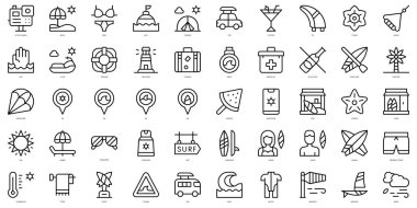 Simgelerde sörf yapan bir grup ince çizgi. Vektör illüstrasyonu