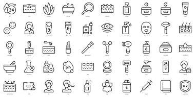 Bir dizi ince çizgi cilt bakım ikonu. Vektör illüstrasyonu