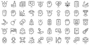 Set of thin line anxiety and depression Icons. Vector illustration clipart