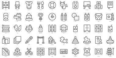 İnce çizgi ana okulu simgeleri seti. Vektör illüstrasyonu