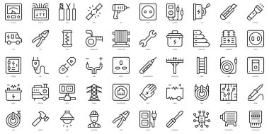 İnce çizgili elektrikçi aletleri ve element simgeleri. Vektör illüstrasyonu