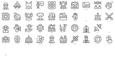 Bir dizi ince çizgi bilim kurgu ikonu. Vektör illüstrasyonu