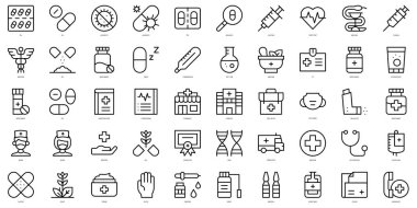 Bir dizi ince çizgi tıp ikonu. Vektör illüstrasyonu