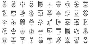 İnce çizgili internet güvenlik simgeleri. Vektör illüstrasyonu