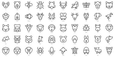 Bir dizi ince çizgi hayvan simgesi. Vektör illüstrasyonu