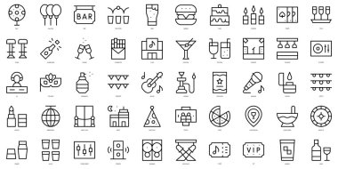 İnce çizgi çizili parti ikonları seti. Vektör illüstrasyonu