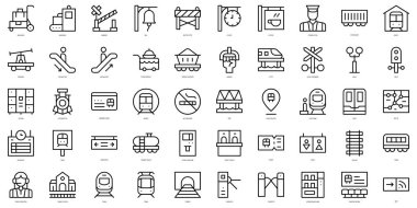 İnce çizgi tren istasyonu simgeleri seti. Vektör illüstrasyonu