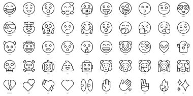 Bir dizi ince çizgi emoji simgesi. Vektör illüstrasyonu