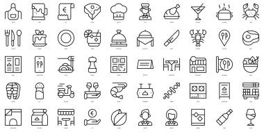 Bir dizi ince çizgili restoran ikonu. Vektör illüstrasyonu