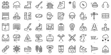 Kış sporları ikonlarının ince çizgisi. Vektör illüstrasyonu